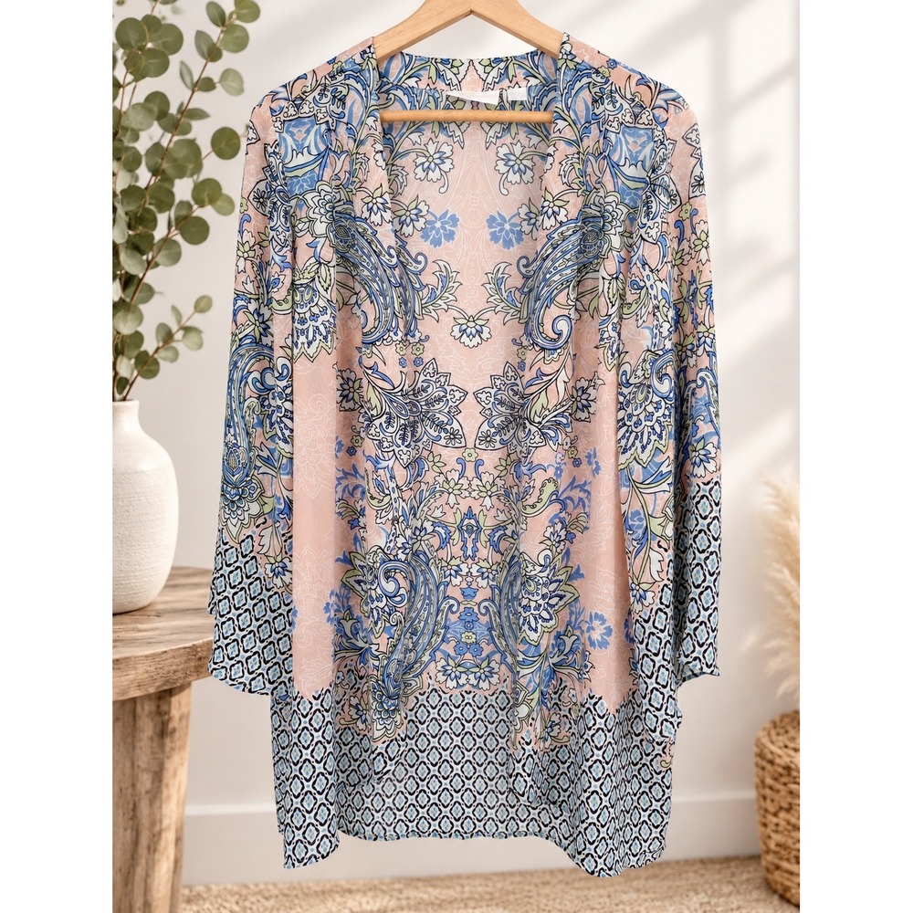 Belle by Kim Gravel Kimono Women Large Pink Paisley Floral Chiffon Open Front